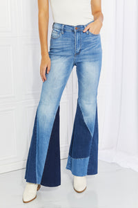 Trend Setting Color Block Flare Jeans - Periibleu