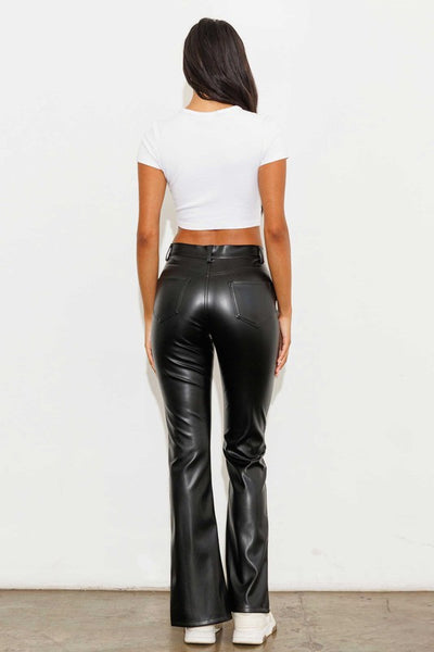 Slit Front Vegan Black Leather Pants