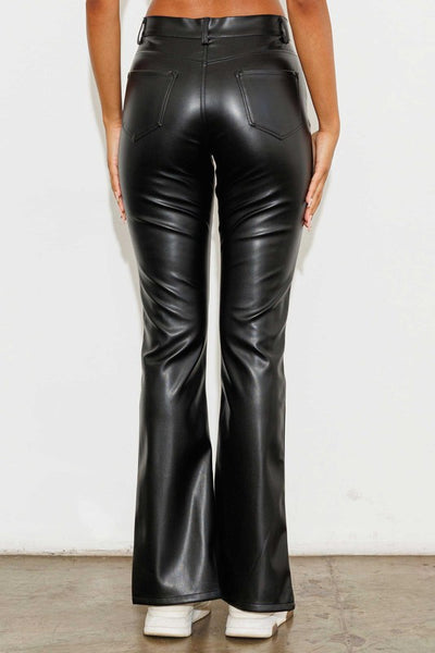 Slit Front Vegan Black Leather Pants
