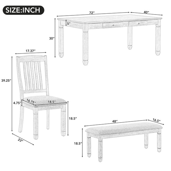 Rustic 4 Drawer Rectangular Dining Table Chairs & Bench Set