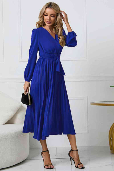 Pleated V-Neck Long Sleeve Dress