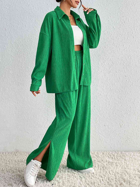 Relaxed Two Piece Button Up Shirt And Slit Pants Set