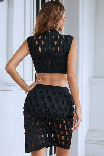 Ribbon Openwork Cropped Top and Skirt Set