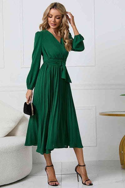 Pleated V-Neck Long Sleeve Dress