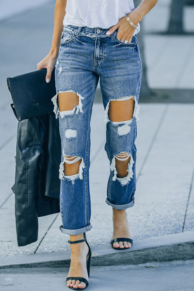Distressed Frayed Trim Straight Leg Jeans - Periibleu
