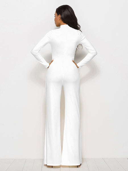 Long Sleeve Mock Neck Wide Leg Jumpsuit - Periibleu