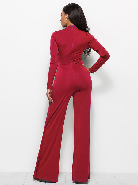 Long Sleeve Mock Neck Wide Leg Jumpsuit - Periibleu