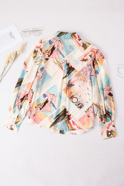 Printed Bishop Sleeve Buttoned Shirt - Periibleu