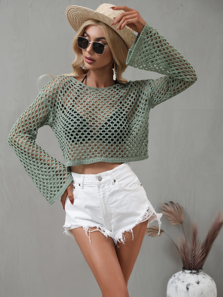 Openwork Flare Sleeve Cropped Cover Up - Periibleu