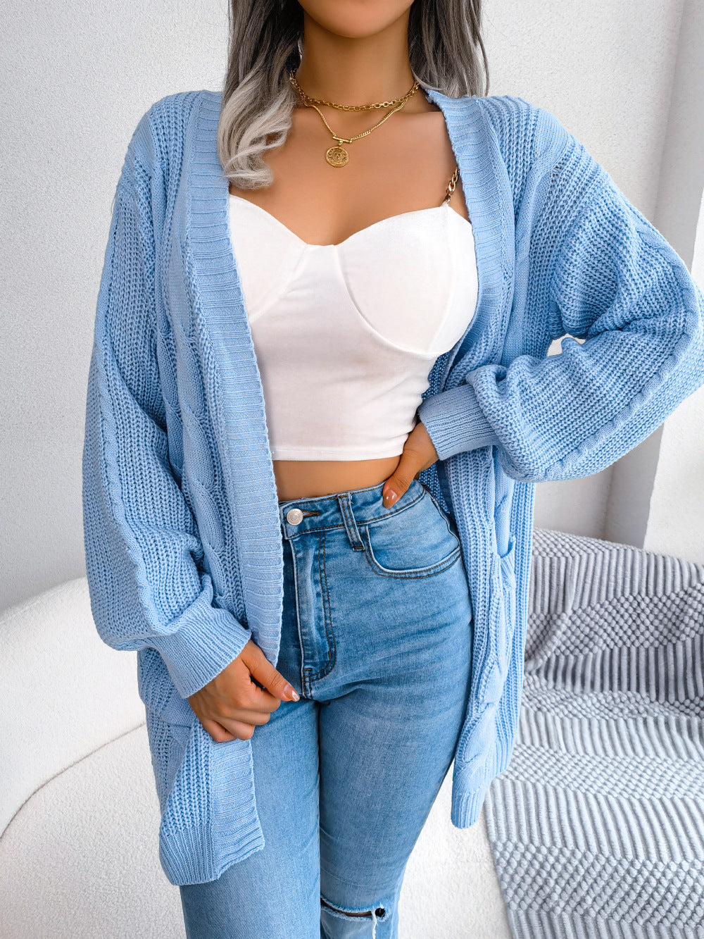 Cable-Knit Open Front Pocketed Cardigan - Periibleu