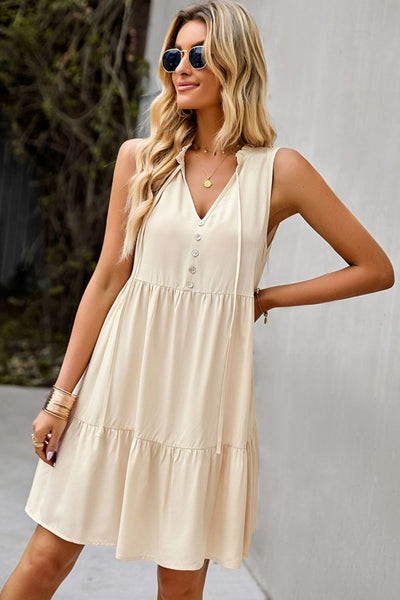 Tie Neck Tiered Dress with Decorative Buttons - Periibleu