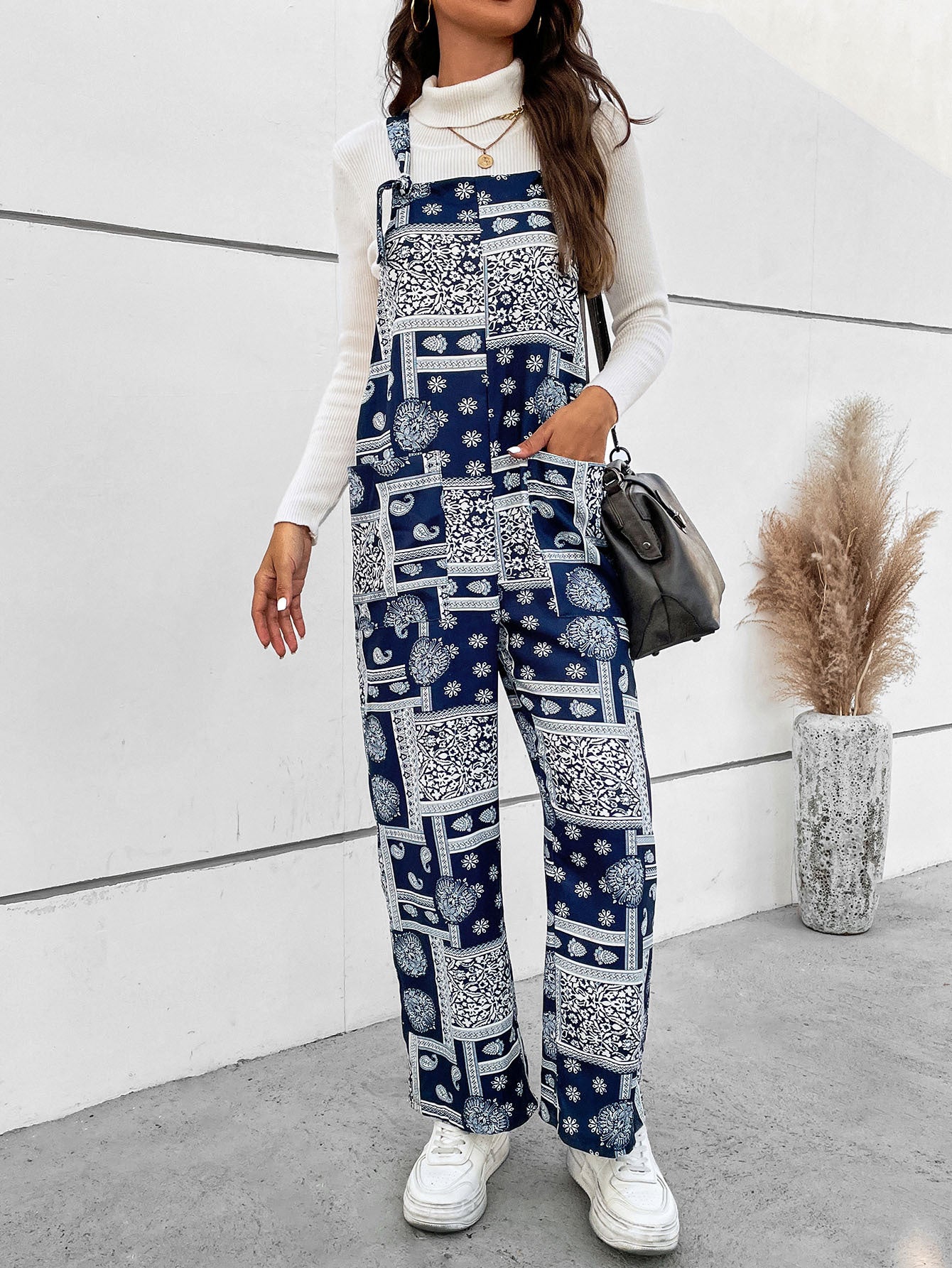 Casual Print Straight Leg Jumpsuit with Pockets