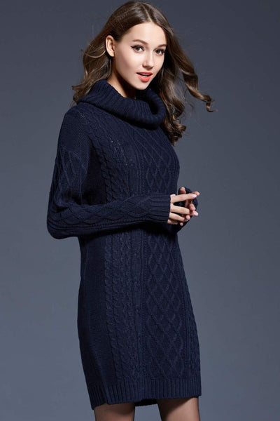Mixed Knit Cowl Neck Dropped Shoulder Sweater Dress - Periibleu