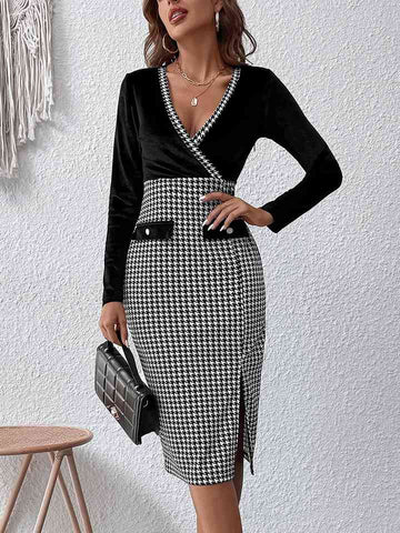 Day At The Office Houndstooth Slit Pencil Dress