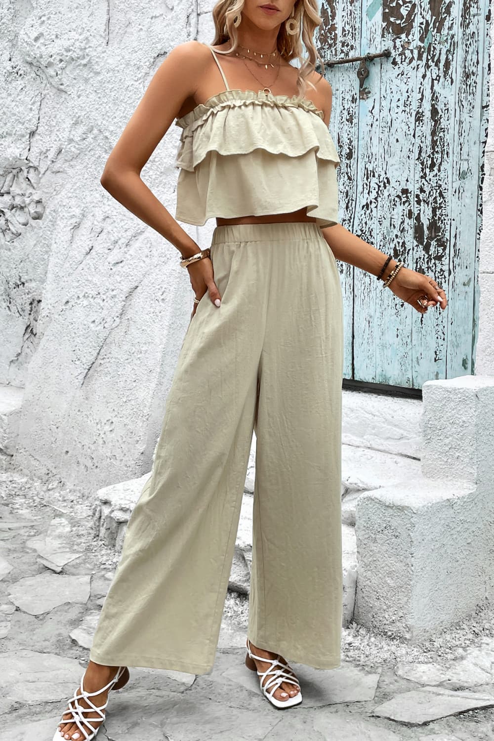 What A Thrill Frill Trim Cami and Wide Leg Pants Set - Periibleu