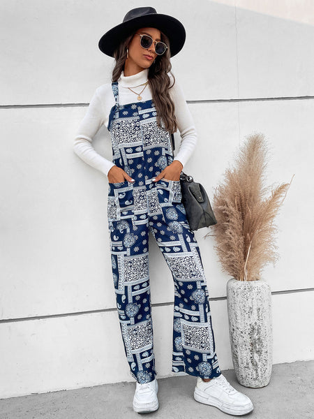 Casual Print Straight Leg Jumpsuit with Pockets
