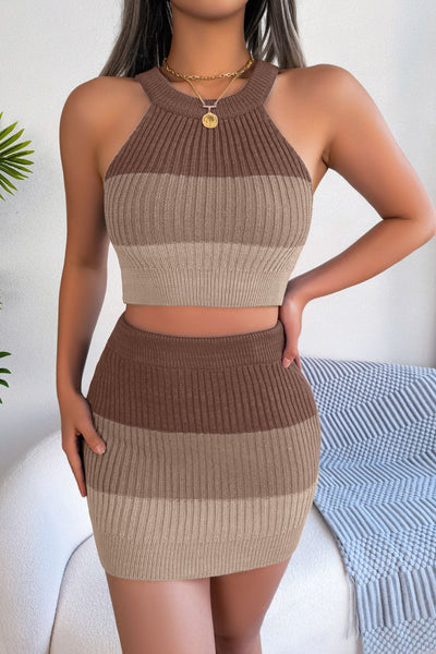 Triple-Shade Sleeveless Crop Knit Top and Skirt Set
