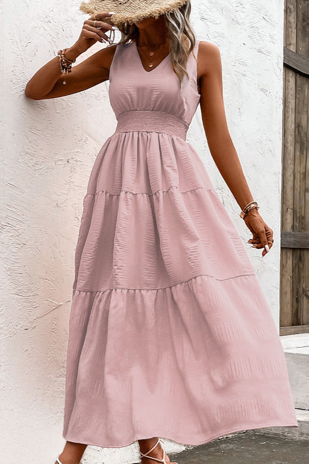 Smocked V-Neck Waist Tiered Dress - Periibleu