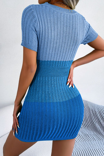 Triple Shade Cutout Short Sleeve Sweater Dress