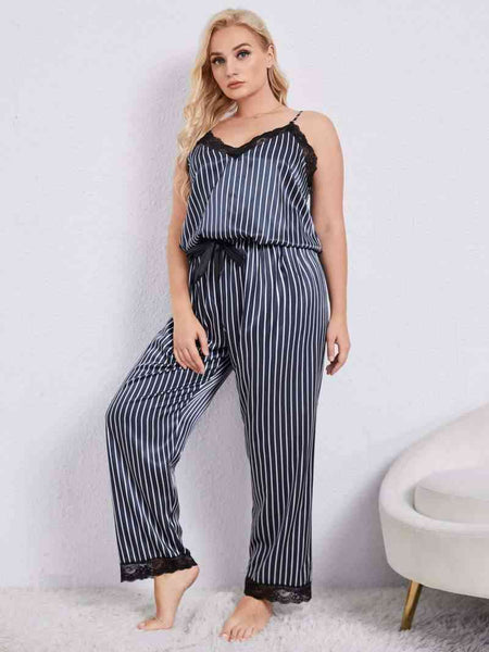 Satin Striped Lace Trim Pajama Set