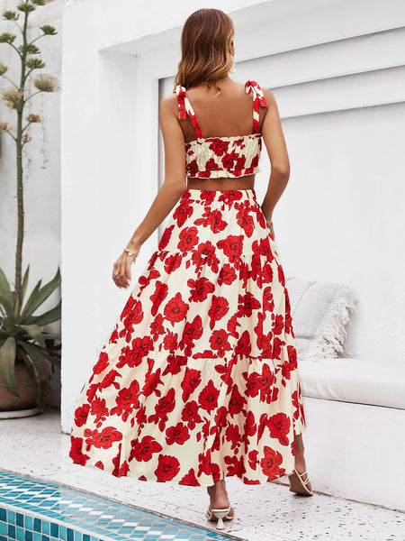 Floral Fun Tie Shoulder Top and Tiered Maxi Skirt Set - Periibleu