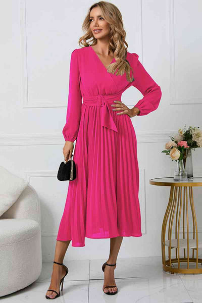 Pleated V-Neck Long Sleeve Dress