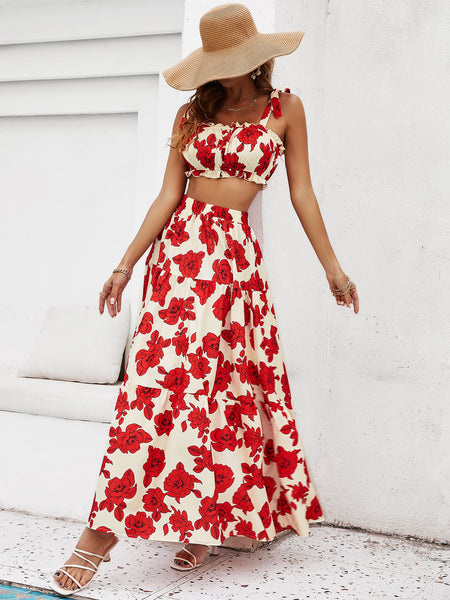 Floral Fun Tie Shoulder Top and Tiered Maxi Skirt Set