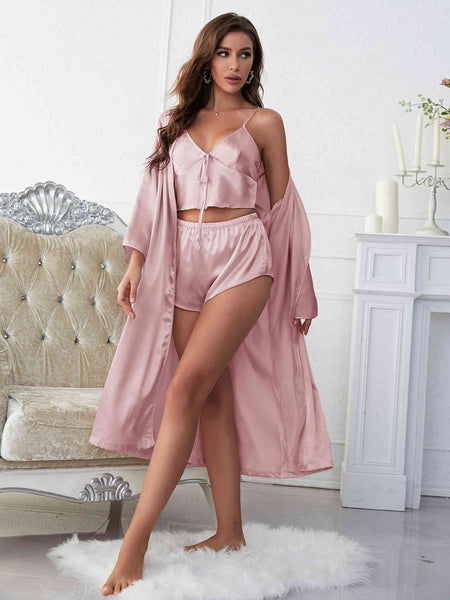 Satin Cami Shorts and Belted Robe Lingerie Set