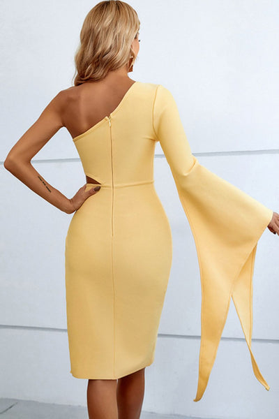 Cutout Split Flare Sleeve One-Shoulder Dress - Periibleu