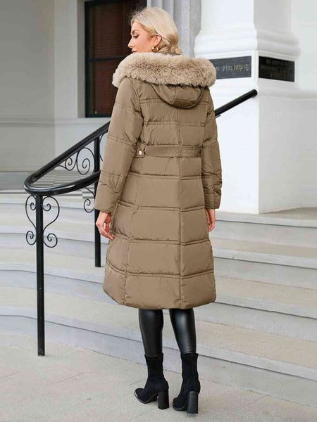Longline Faux Fur Trimmed Hooded Puffer Winter Coat