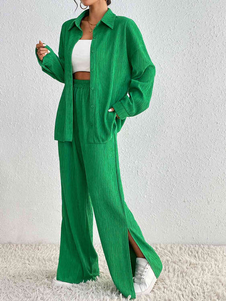 Relaxed Two Piece Button Up Shirt And Slit Pants Set