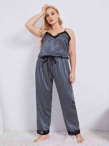 Satin Striped Lace Trim Pajama Set
