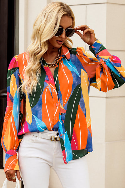 Printed Bishop Sleeve Buttoned Shirt - Periibleu