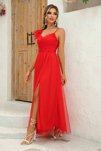A Glance of Happiness Ruched Asymmetrical Slit Dress