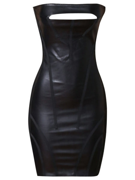 Faux Leather Cutout Strapless Bandage Dress - Periibleu