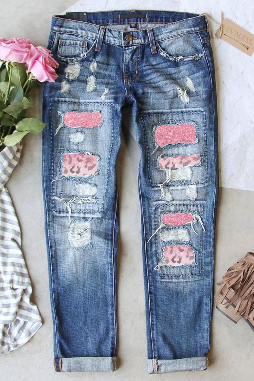 Playful Pink Patch Distressed Straight Leg Jeans