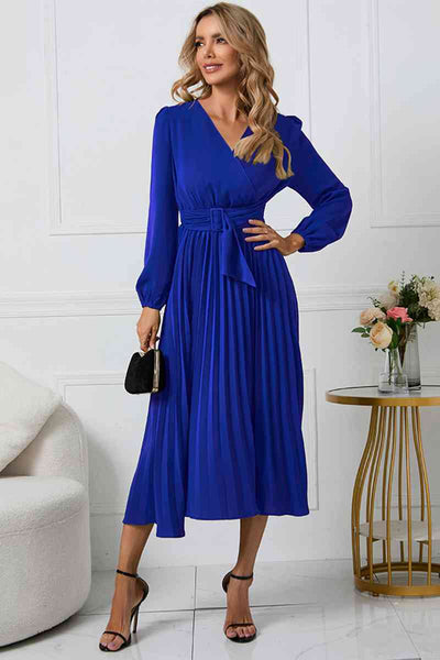 Pleated V-Neck Long Sleeve Dress