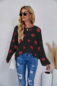 Heart Print Fuzzy Crewneck Long Sleeve Sweater - Periibleu