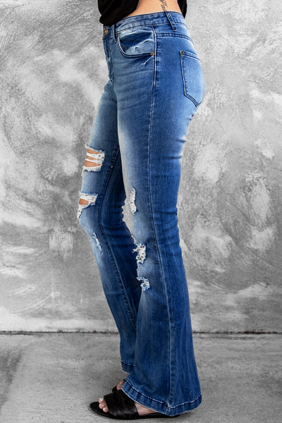 Distressed Flare Leg Jeans with Pockets - Periibleu