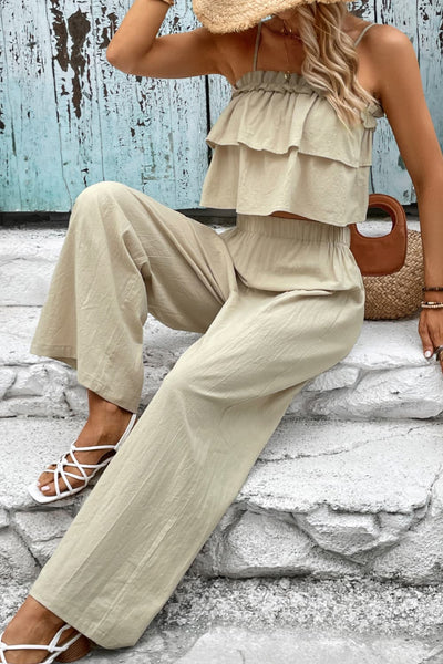 What A Thrill Frill Trim Cami and Wide Leg Pants Set