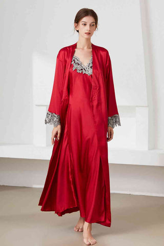 Flowing and Elegant Lace Trim Satin Night Gown and Robe Set