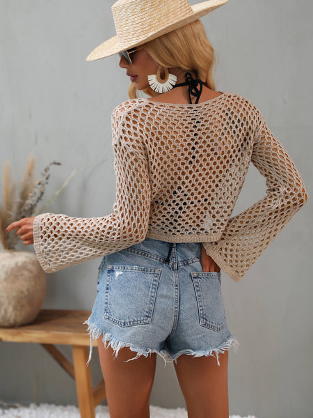 Openwork Flare Sleeve Cropped Cover Up - Periibleu