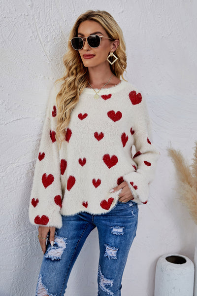 Heart Print Fuzzy Crewneck Long Sleeve Sweater