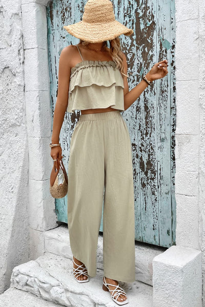 What A Thrill Frill Trim Cami and Wide Leg Pants Set