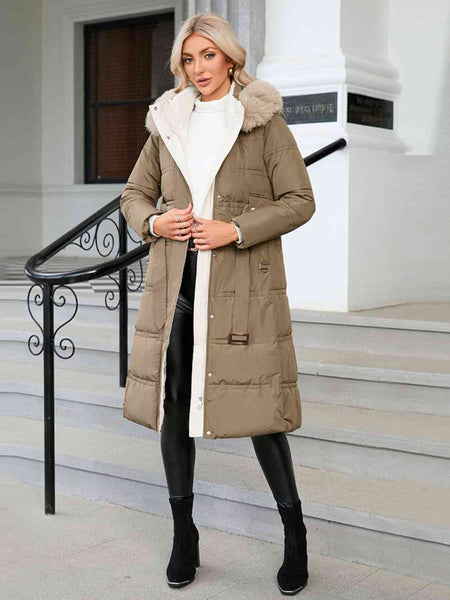 Longline Faux Fur Trimmed Hooded Puffer Winter Coat
