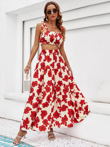 Floral Fun Tie Shoulder Top and Tiered Maxi Skirt Set