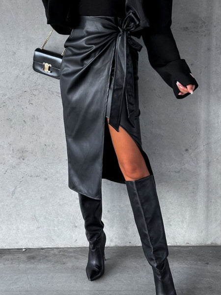 Faux Leather Bow High Waist Slit Skirt