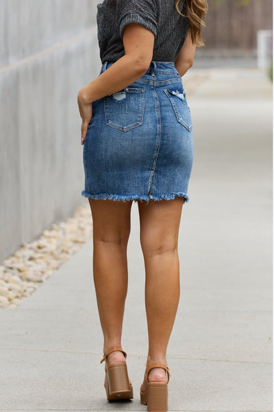 Full Size Frayed Trim Denim Mini Skirt