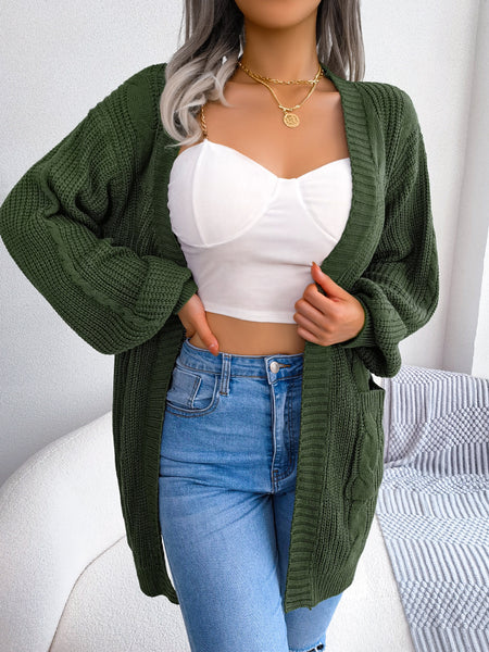 Cable-Knit Open Front Pocketed Cardigan - Periibleu